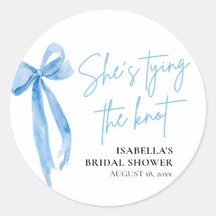 Blush Blue Bow She's Tying the Knot Bridal Shower Classic Round Sticker