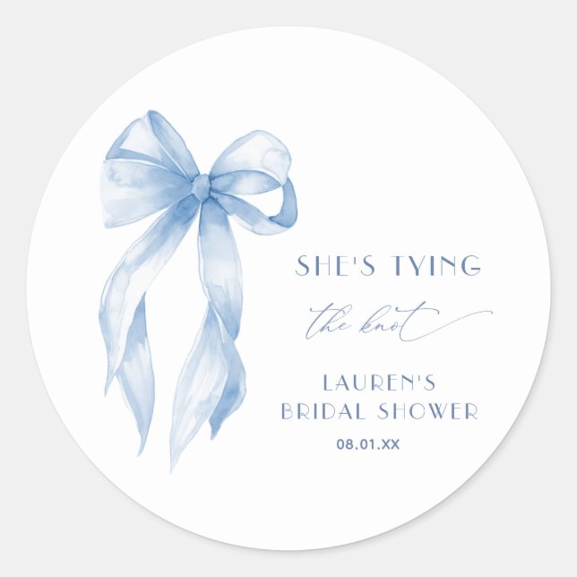 Blush Blue Bow She's Tying the Knot Bridal Shower Classic Round Sticker (Front)