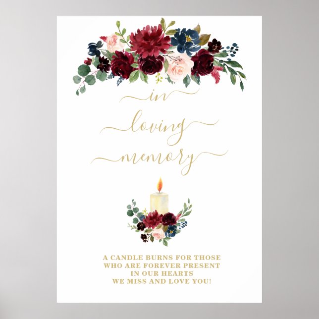 Blush Blue Burgundy Flowers Wedding Memorial Sign (Front)