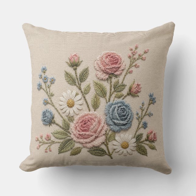 Blush & Blue Embroidered Roses Cushion (Front)