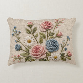 Blush & Blue Embroidered Roses Decorative Cushion