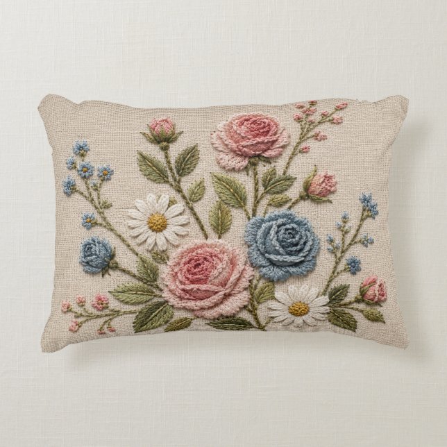 Blush & Blue Embroidered Roses Decorative Cushion (Front)
