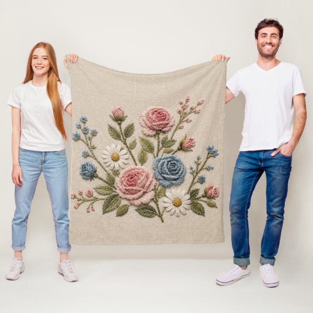 Blush & Blue Embroidered Roses Fleece Blanket (In Situ)