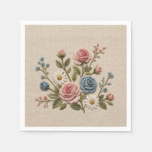 Blush & Blue Embroidered Roses Napkin