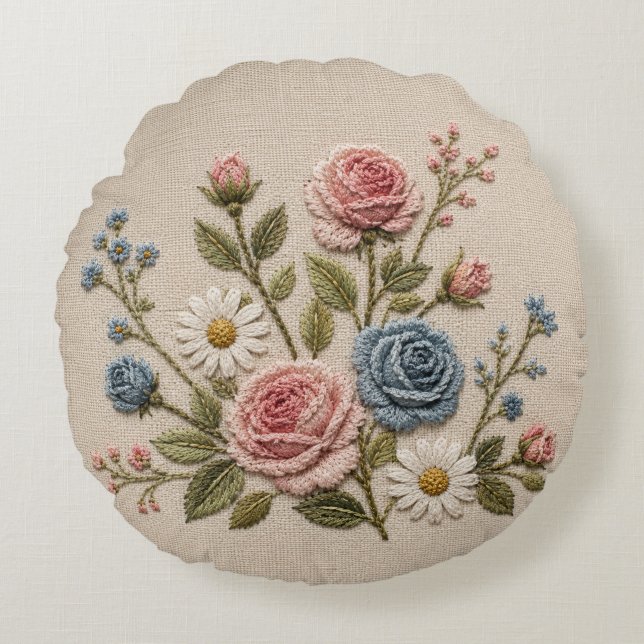 Blush & Blue Embroidered Roses Round Cushion (Front)