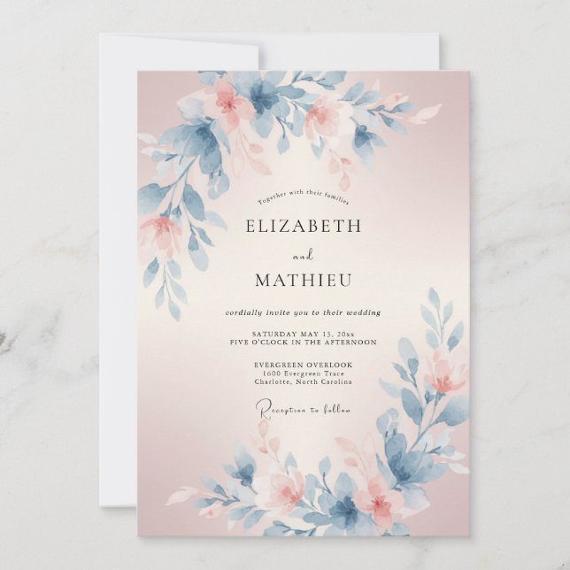Blush Blue Ethereal Floral Wedding Invitation (Front)