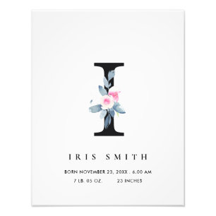 BLUSH BLUE FLORAL ALPHABET NAME I BABY BIRTH STATS PHOTO PRINT