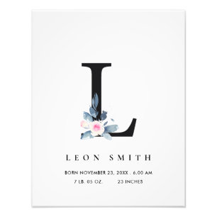 BLUSH BLUE FLORAL ALPHABET NAME L BABY BIRTH STATS PHOTO PRINT