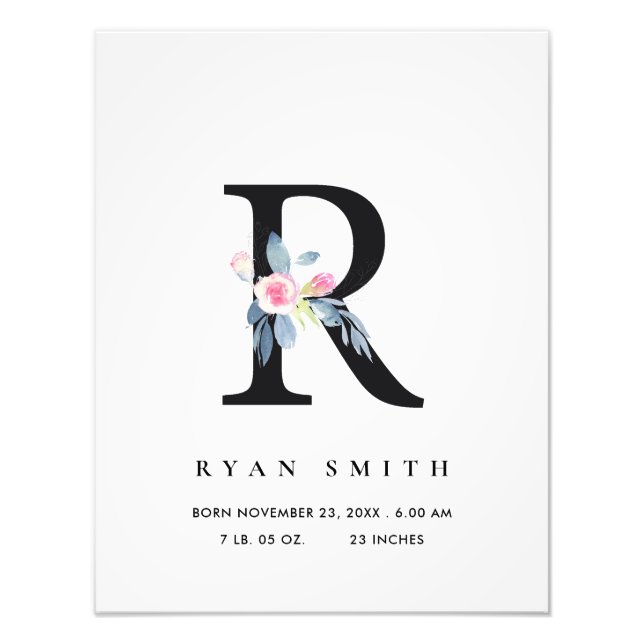 BLUSH BLUE FLORAL ALPHABET NAME R BABY BIRTH STATS PHOTO PRINT (Front)