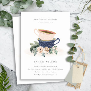 Blush Blue Floral Baby Shower Tea Party Invite