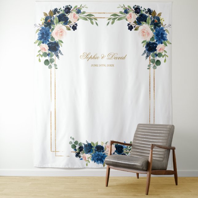 Blush Blue Floral Gold Wedding Photo Booth Prop Tapestry (In Situ)