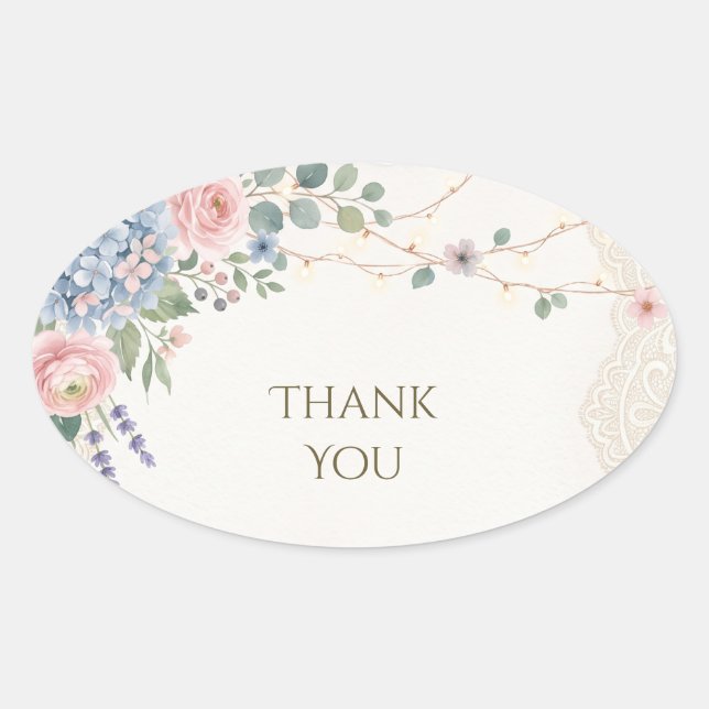 Blush Blue Floral Lace Wedding Thank You Oval Sticker (Front)