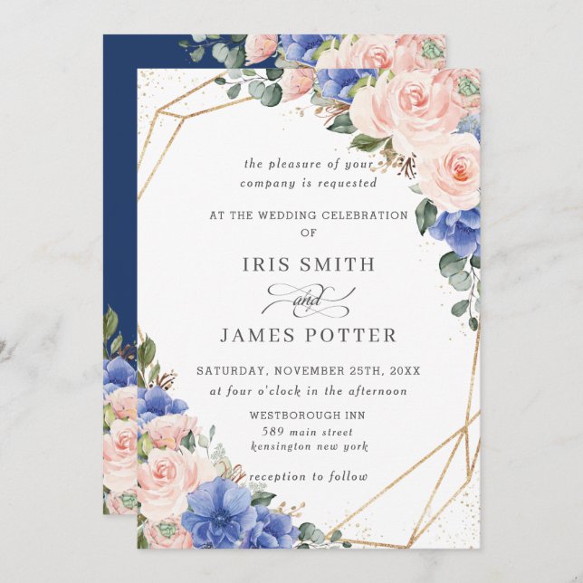 Blush & Blue Floral Roses Gold Geometric Wedding  Invitation (Front/Back)