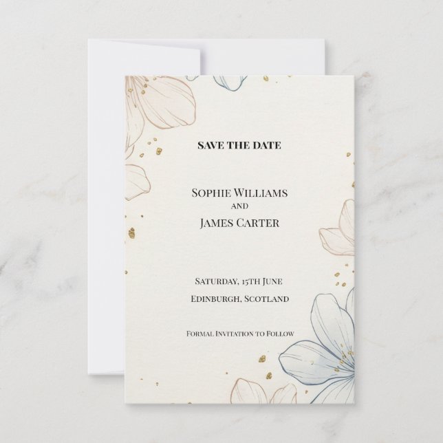 Blush Blue Floral Save The Date Card (Front)