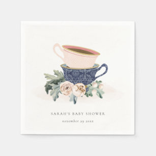 Blush Blue Floral Stacked Tea Cups Baby Shower Napkin