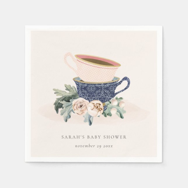Blush Blue Floral Stacked Tea Cups Baby Shower Napkin (Front)