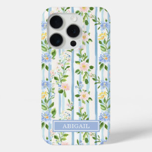 Blush Blue Floral Watercolor Striped Personalised iPhone 15 Pro Case