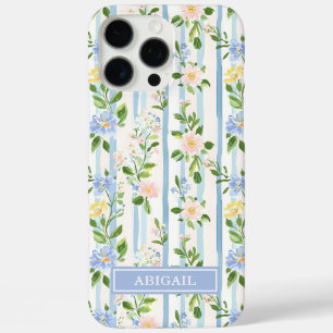 Blush Blue Floral Watercolor Striped Personalised iPhone 16 Pro Max Case