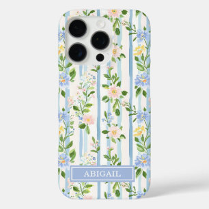 Blush Blue Floral Watercolor Striped Personalised iPhone 16 Pro Case