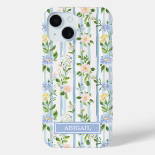 Blush Blue Floral Watercolor Striped Personalised iPhone 15 Case