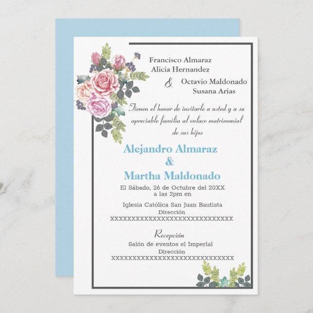 Blush Blue Floral wedding Invitation (Front/Back)