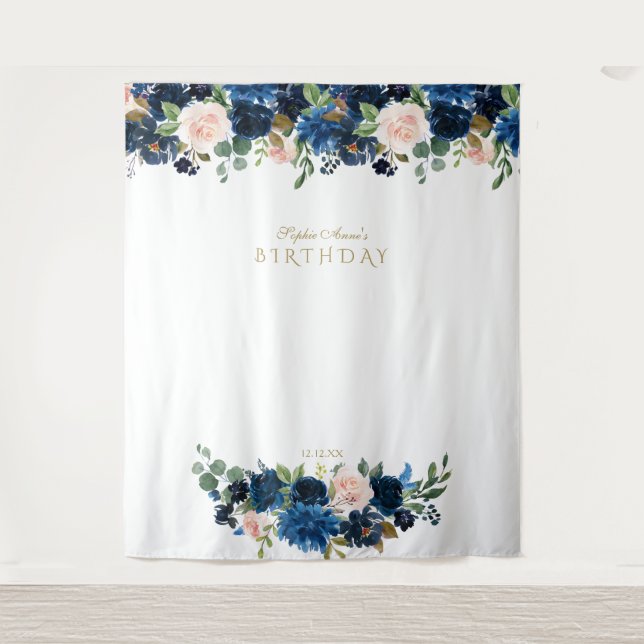 Blush Blue Flowers Birthday Photo Booth Prop Tapestry (Front)