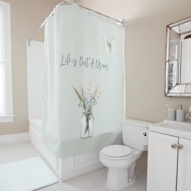 Blush Blue Flowers Jar Butterfly  Shower Curtain (In Situ)