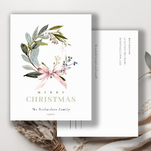 Blush Blue Green Winter Christmas Wreath Holiday Postcard