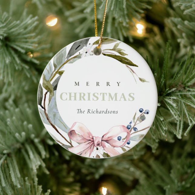 Blush Blue Green Winter Christmas Wreath Photo Ceramic Ornament (Tree)