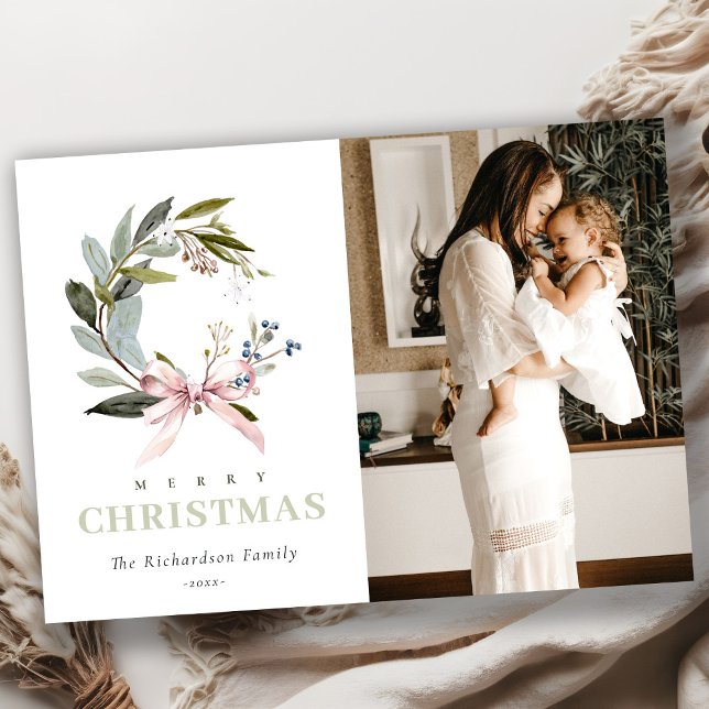 Blush Blue Green Winter Christmas Wreath Photo Holiday Card (Creator Uploaded)