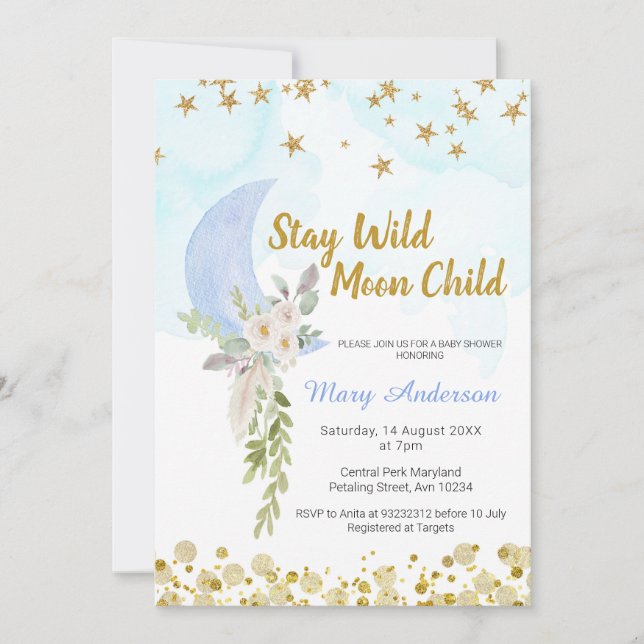 Blush Blue Moon Stars Boho Boy Baby Shower Invitation (Front)