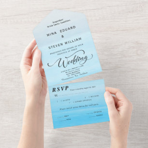 Blush blue ocean wedding  all in one invitation