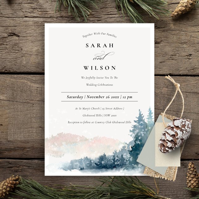 Blush Blue Pine Snow Mountains Wedding Invite (Creator Uploaded)