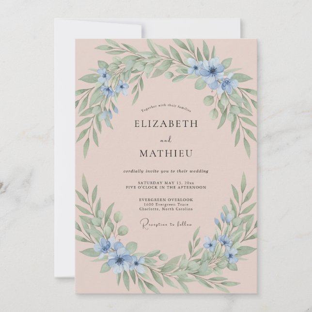 Blush Blue Romantic Petal Wedding Invitation (Front)