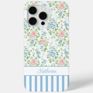 Blush Blue Watercolor Floral Monogrammed  iPhone 15 Pro Max Case