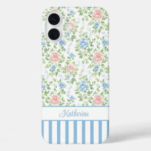 Blush Blue Watercolor Floral Monogrammed iPhone 16 Plus Case
