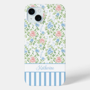 Blush Blue Watercolor Floral Monogrammed iPhone 15 Mini Case