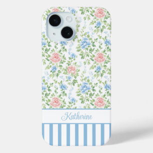 Blush Blue Watercolor Floral Monogrammed  iPhone 15 Case