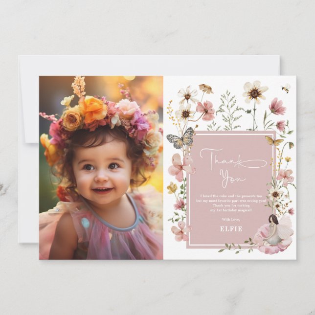 Blush Boho Fairy Wildflower Girl Birthday Photo Thank You Card (Front)