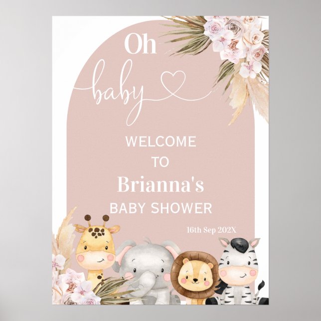 Blush Boho Floral Arch Safari Baby Shower Welcome Poster (Front)
