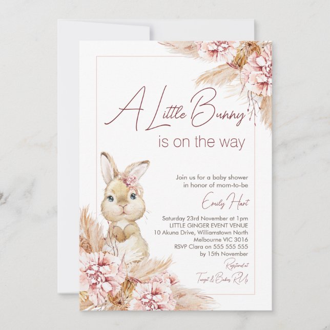 Blush Boho Floral Bunny Baby Shower  Invitation (Front)