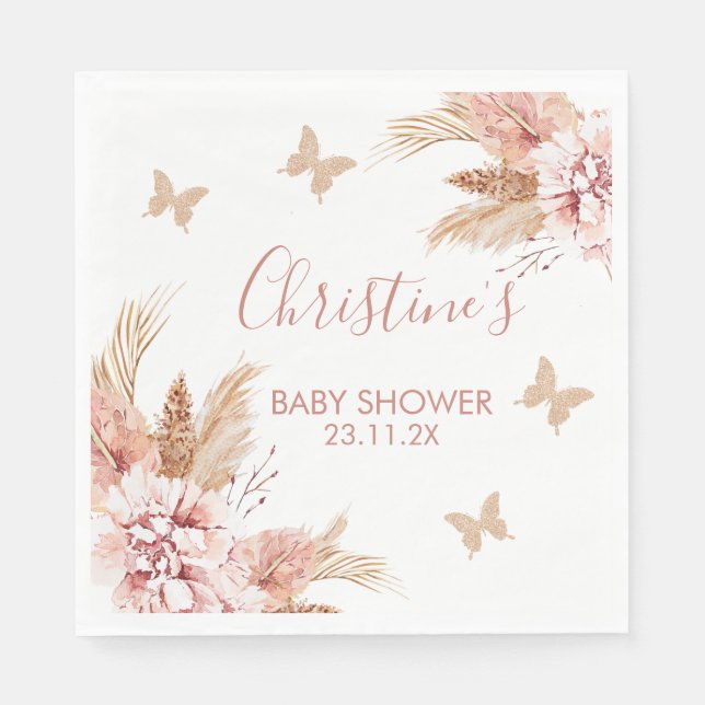 Blush Boho Floral Butterfly Kisses Baby Wishes Napkin (Front)