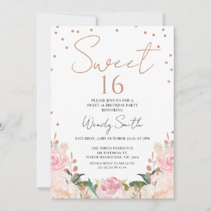 Blush Boho Floral Rose Gold  Sweet 16 Birthday Invitation