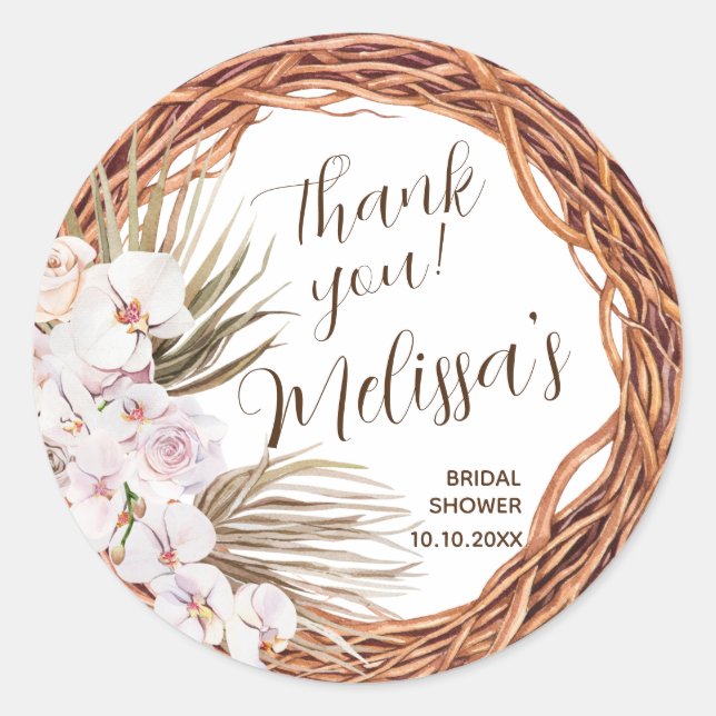 Blush Boho Grapevine Thank You Classic Round Sticker (Front)