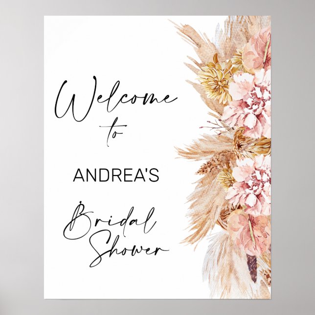 Blush Boho Pampas Grass Bridal Shower Welcome Poster (Front)