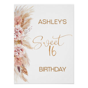 Blush Boho Pampas Grass Sweet 16 Birthday Welcome Poster