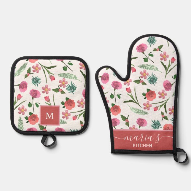 blush botanical red pink bloom kitchen accessory oven mitt & pot holder set (Front)
