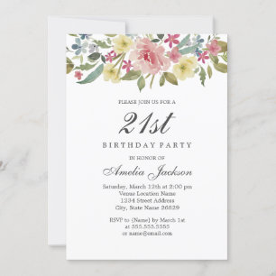 Blush Botanical Watercolor 21st Birthday Party Invitation