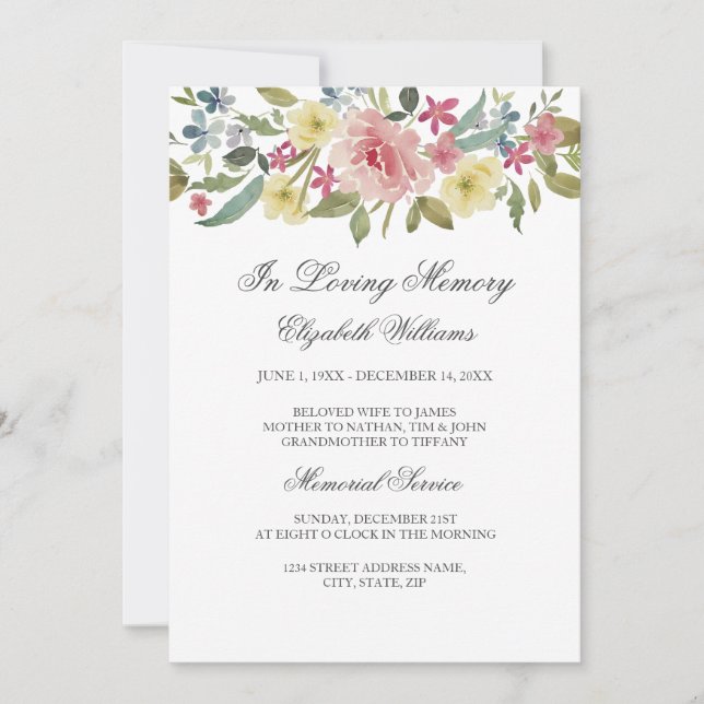 Blush Botanical Watercolor Memorial Service Invitation (Front)