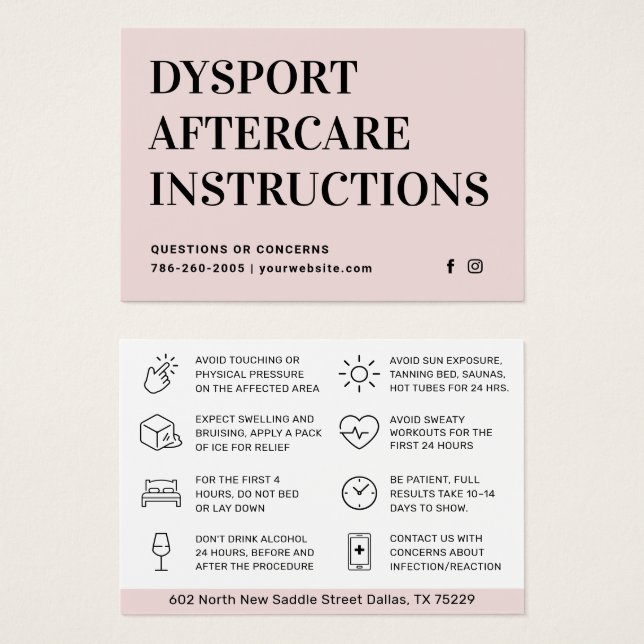 Blush Botox Injection Aftercare Instruction Card (Front & Back)